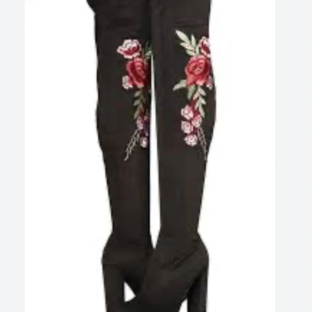 Steve Madden Black Rose Embroidered Over the Knee Faux Suede Boots